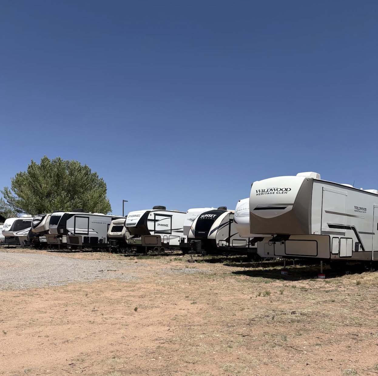 Wide-open spots and easy gravel access across the lot.